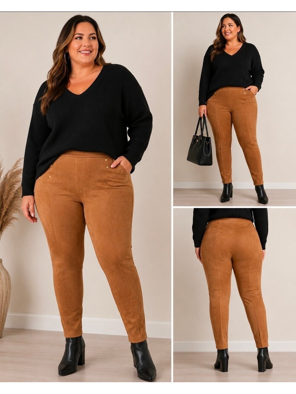 Marc New York Andrew Marc 2X Faux Suede Pants Camel Brown Stretch Gold Detail